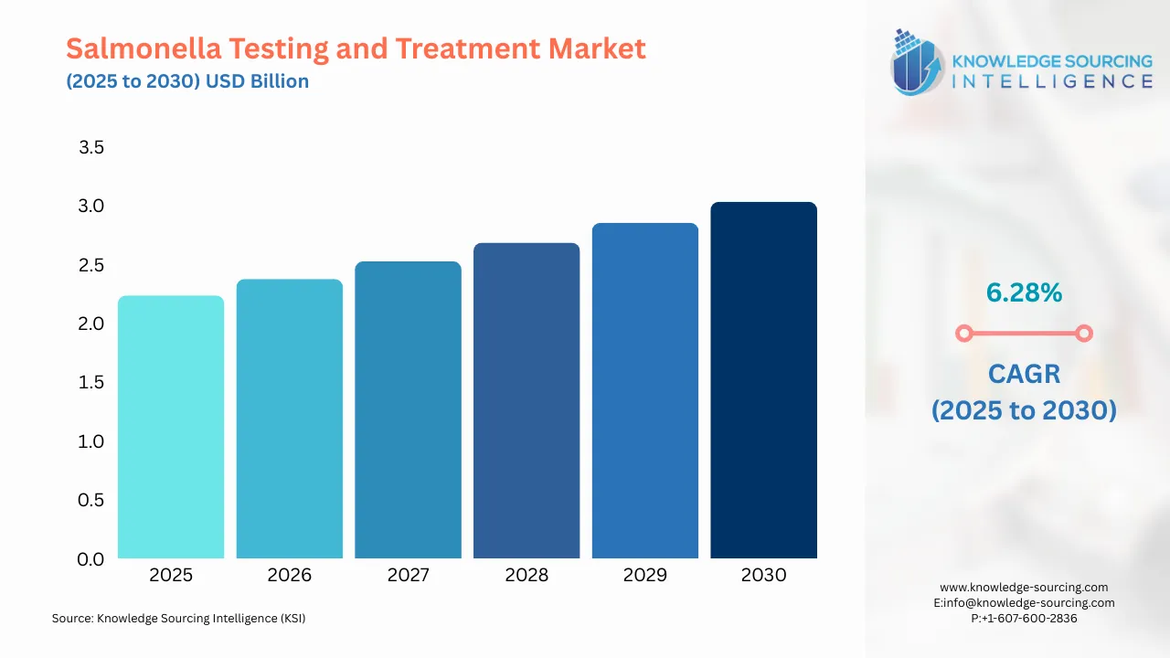 A bar chart showing Salmonella Testing and Treatment Market size in USD Billion from 2025 to 20230 with CAGR